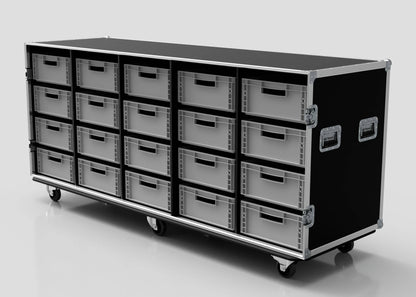 The 20 Way Euro Crate Case is a large black rolling storage cabinet with three rows of metal drawers, side handles, and wheels—ideal for organizing euro crates or storing heavy items with high load capacity.
