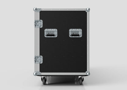 The 20 Way Euro Crate Case is a black and silver rolling flight case with metal corners, two handles, reinforced edges, and high load capacity, shown front-facing against a plain background.