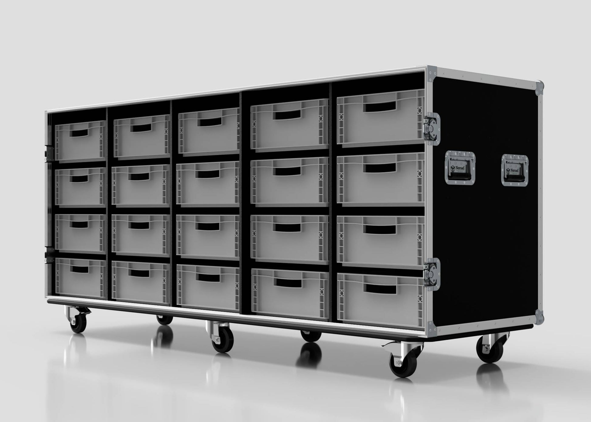 The 20 Way Euro Crate Case is a large black storage cart with twenty gray food-grade Euro crates, metal handles, and four caster wheels, shown against a plain white background.