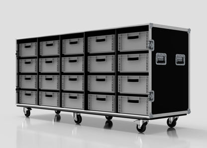The 20 Way Euro Crate Case is a large black storage cart with twenty gray food-grade Euro crates, metal handles, and four caster wheels, shown against a plain white background.