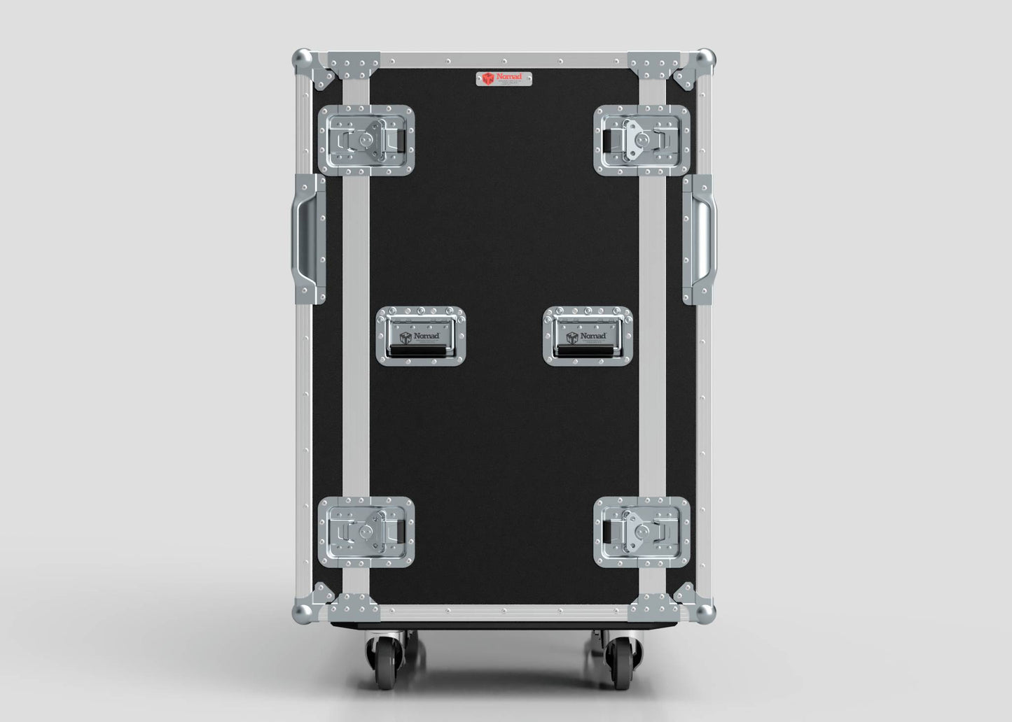 The 20U Double Bay Rack Case, featuring a black and silver design with metal reinforcements, handles, latches, and wheels, is shown upright against a plain light background.