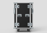 The 20U Double Bay Rack Case is a large black and silver equipment case with metal corners, side handles, four locks, and wheels, shown upright against a plain background.