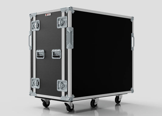 A 20U Double Bay Rack Case in black with metal edges, handles, and latches, mounted on four wheels, is set against a plain light background.