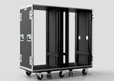 The 20U Double Bay Rack Case is a black rolling rackmount case with metal edges, open front and back, and four caster wheels, displayed against a plain background.