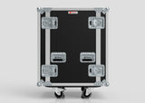 20U Foam Shock Mounted 19" Rack Case in black and silver European Birch plywood, with four latches, two handles, four caster wheels, and rack strips for secure mounting, shown against a plain light background.
