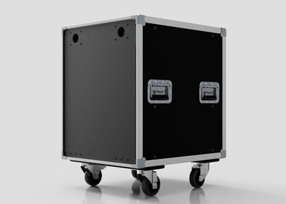 The 20U Slam Rack Case, a black rectangular case with metal edges, handles, and four caster wheels, is displayed against a plain light gray background.