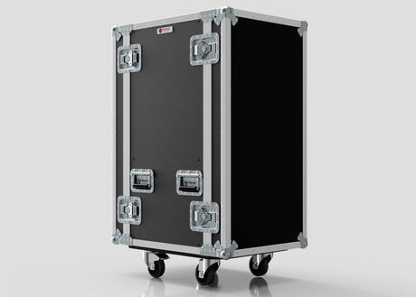 The 20U Standard Rack Case, made of black birch plywood with metal reinforced corners and edges, features four latches and casters for mobility, shown against a plain light gray background.
