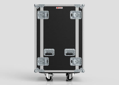The 20U Standard Rack Case, featuring a black and silver finish, metal corner protectors, two handles, four latches, and wheels, is shown standing upright against a plain background.