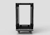 Front view of an empty black 20U Suspended Shock Mounted Rack Case, UK-made, on wheels with open doors against a plain gray background.