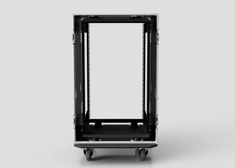 Front view of an empty black 20U Suspended Shock Mounted Rack Case, UK-made, on wheels with open doors against a plain gray background.