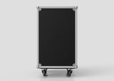 The 20U Suspended Shock Mounted Rack Case is a black rectangular equipment case with metal edges and corners, standing upright on four caster wheels against a plain light background.