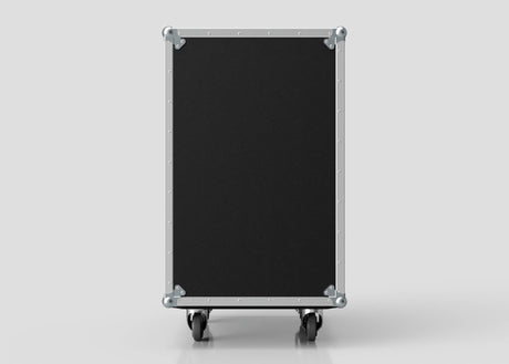 The 20U Suspended Shock Mounted Rack Case is a black rectangular equipment case with metal edges and corners, standing upright on four caster wheels against a plain light background.