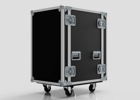 The 20U Suspended Shock Mounted Rack Case, shown against a plain light background, features a black rolling design with metal edges, corner protectors, handles, latches, and anti-vibration mounts for enhanced protection.