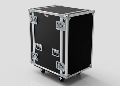 The 20U Suspended Shock Mounted Rack Case is a large black rectangular case with metal edges, reinforced corners, latches, handles, anti-vibration mounts, and wheels, shown on a white background.