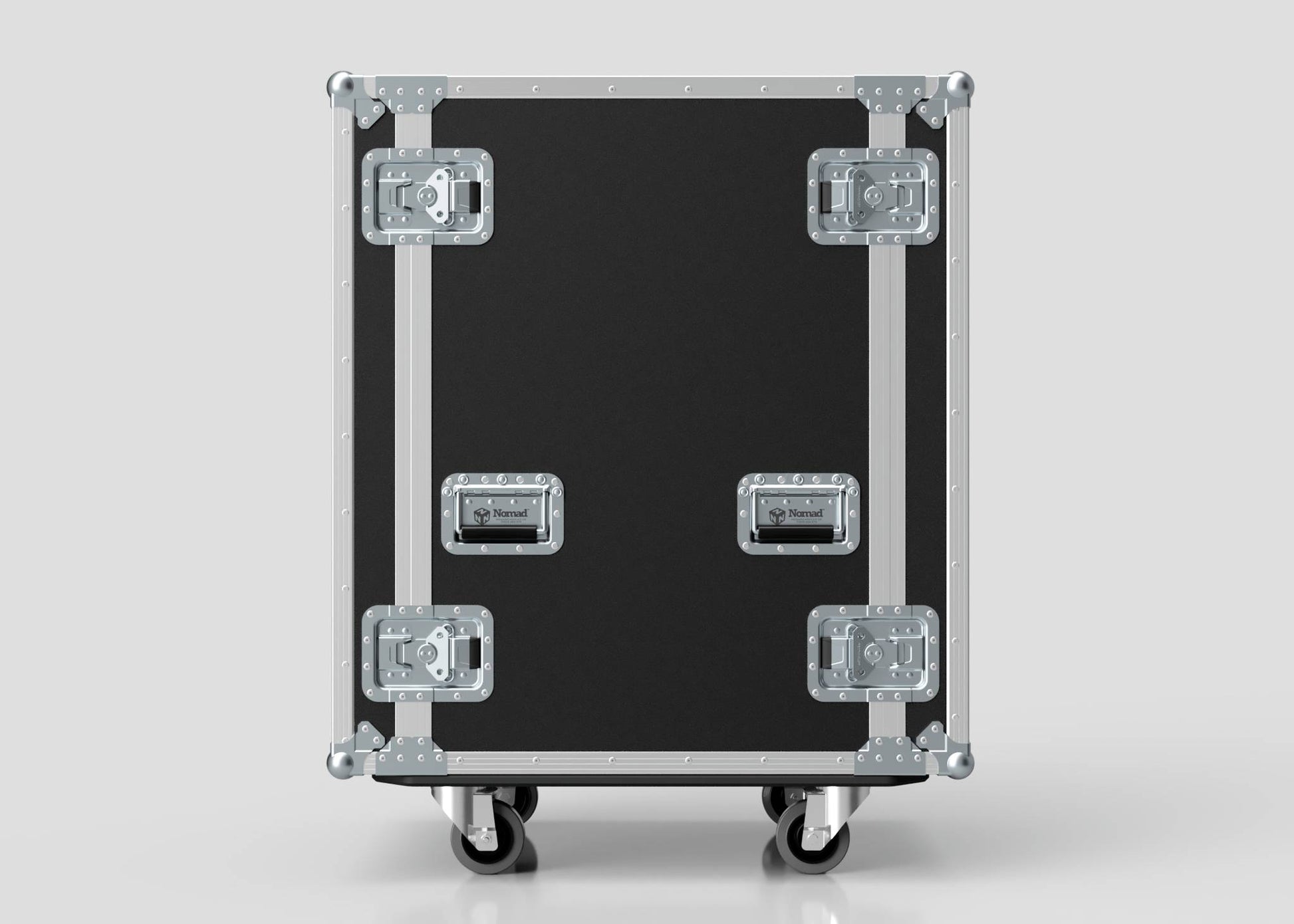 A UK-made 20U Suspended Shock Mounted Rack Case in black and silver features metal reinforcements, anti-vibration mounts, handles, and four wheels. The hard case stands upright against a plain background.