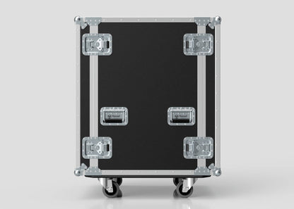 A UK-made 20U Suspended Shock Mounted Rack Case in black and silver features metal reinforcements, anti-vibration mounts, handles, and four wheels. The hard case stands upright against a plain background.