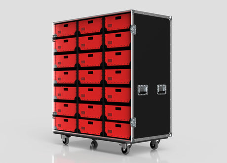 The 21 Way Poly Tray Case is a large mobile medical storage unit with 21 red drawers, black side panels, metal edges and handles, set on four caster wheels and shown against a plain background.