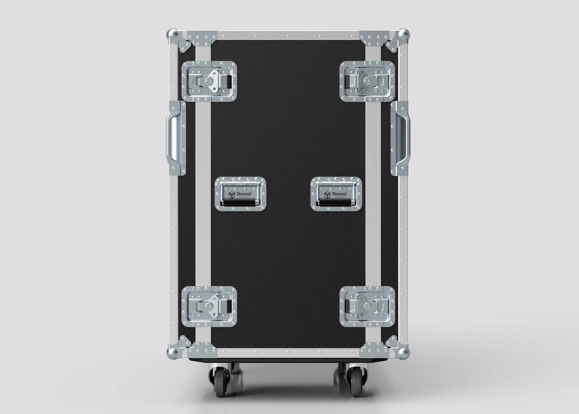 The 21U Double Bay Rack Case, in black and silver with metal reinforcements, features four latches, two handles, and wheels, shown upright against a plain background.