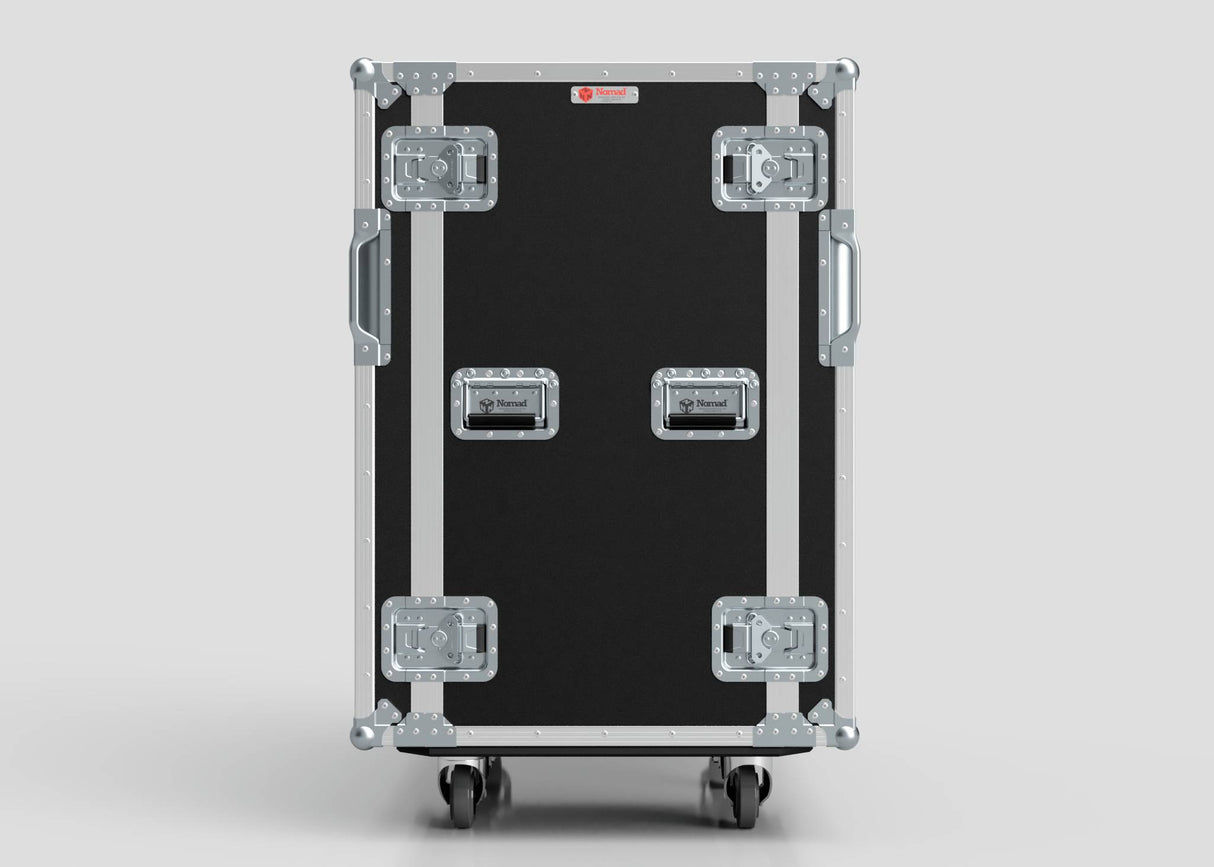The 21U Double Bay Rack Case is a black and silver rolling equipment case with metal reinforcements, four latches, side handles, and four wheels for upright transport.