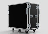 A 21U Double Bay Rack Case, large and black with metal edges, handles, latches, and wheels, stands on a plain light background.