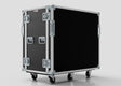 The 21U Double Bay Rack Case is a large black equipment case with reinforced metal corners, secure latches, sturdy handles, and four caster wheels on the bottom for easy transport.