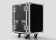The 21U Foam Shock Mounted 19" Rack Case, crafted from durable European birch plywood with metal reinforcements, secure latches, handles, and four caster wheels, is shown against a plain background.