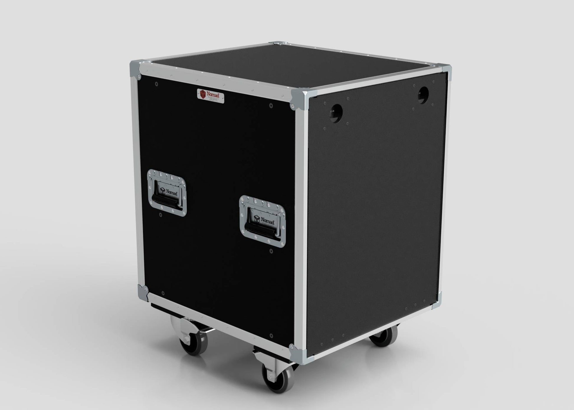 The 21U Slam Rack Case is a black road case featuring metal edges, two side handles, and four caster wheels on the bottom, all shown against a plain light background.