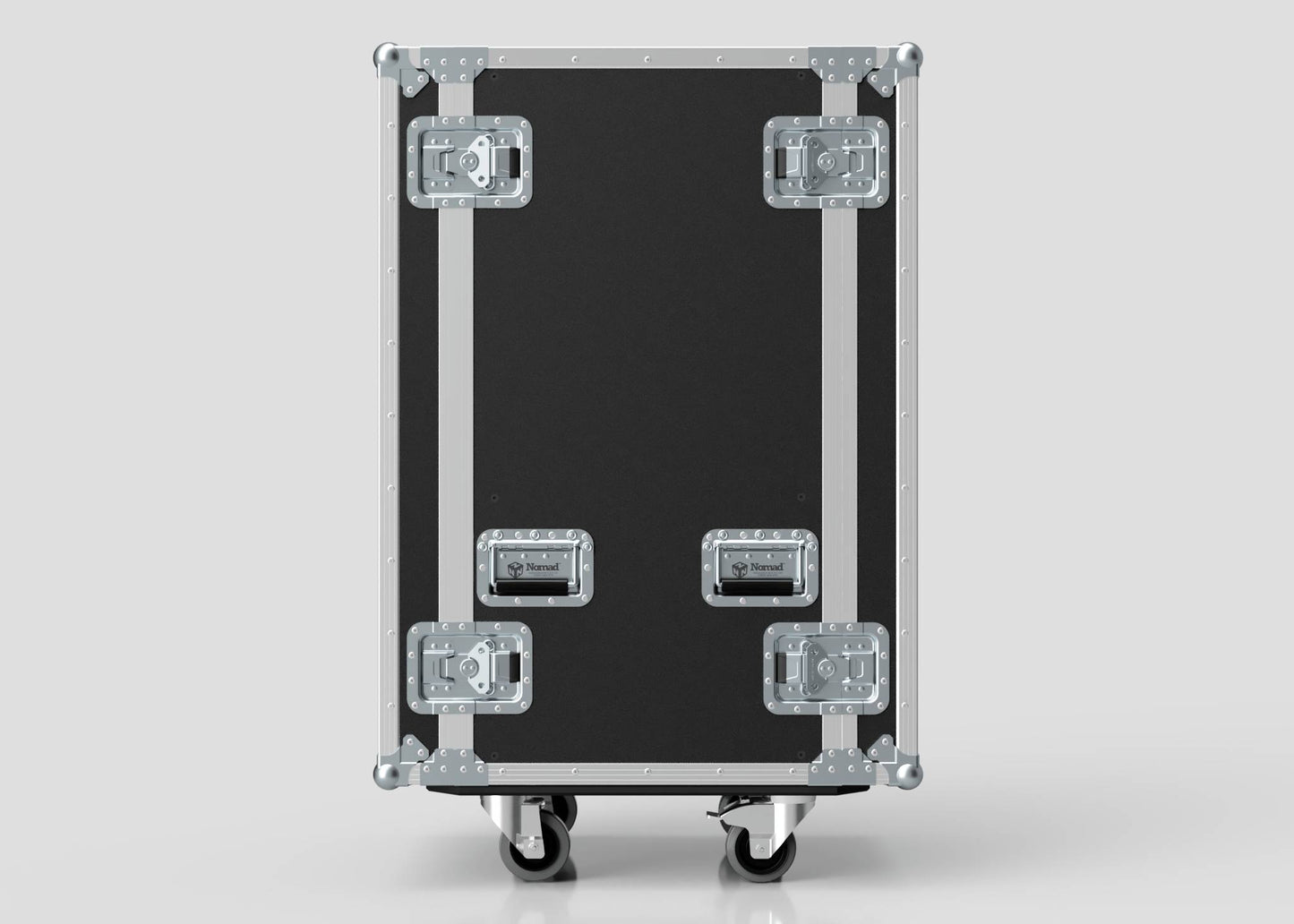 The 21U Standard Rack Case, featuring black finish, metal corners, two handles, sturdy metal latches, and wheels, stands upright against a plain light background.