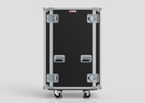 The 21U Suspended Shock Mounted Rack Case in black and silver features metal corners, handles, latches, and stands upright on four caster wheels against a plain light background.