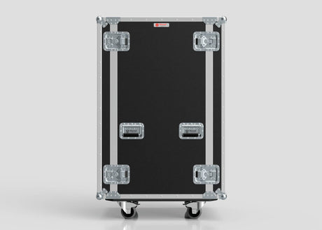 The 21U Suspended Shock Mounted Rack Case in black and silver features metal corners, handles, latches, and stands upright on four caster wheels against a plain light background.