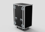 A 21U Suspended Shock Mounted Rack Case in black, rectangular design with metal edges, two handles, four locks, and built-in shock mounted rack, stands on wheels against a plain background.