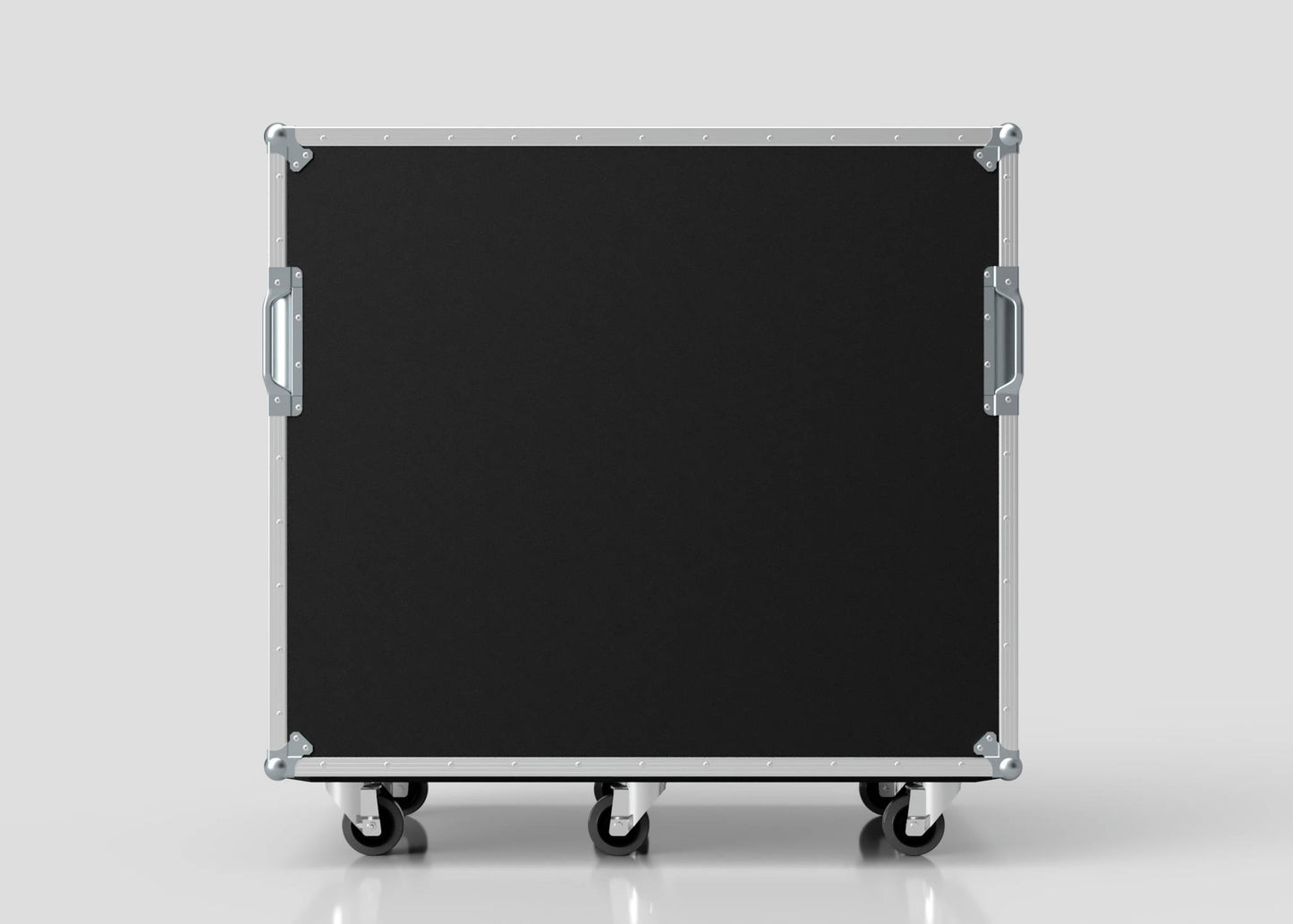The 22U Double Bay Rack Case, a large black rectangular case with metal edges, handles, and four caster wheels, is shown against a plain light gray background. Its external dimensions are 761 x 1197 x 1080 mm.