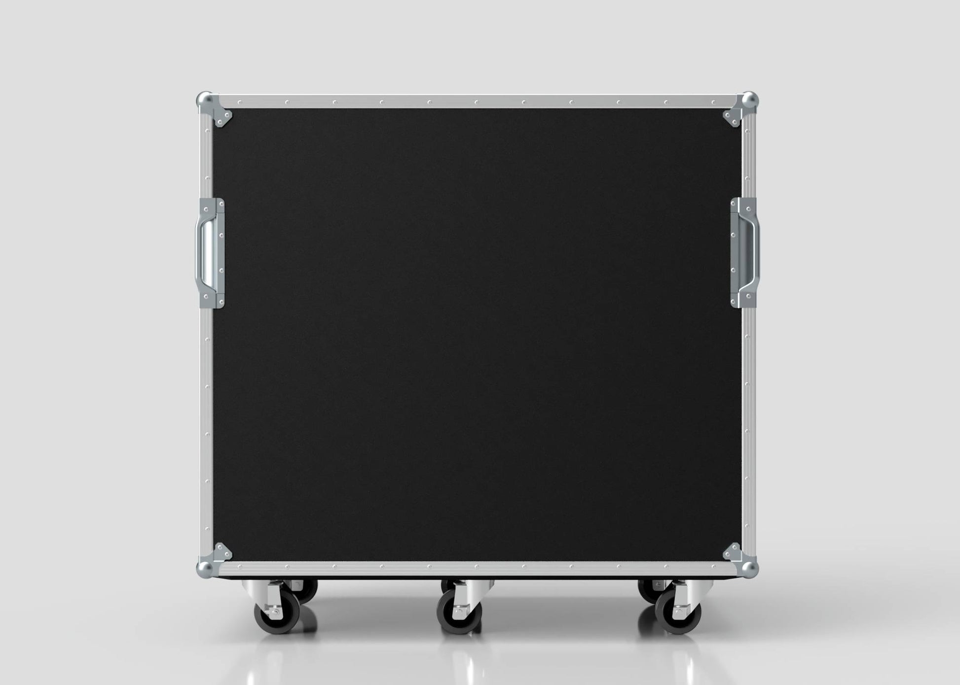The 22U Double Bay Rack Case, a large black rectangular case with metal edges, handles, and four caster wheels, is shown against a plain light gray background. Its external dimensions are 761 x 1197 x 1080 mm.