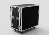 A 22U Double Bay Rack Case in black with metal edges, handles, and latches stands on four caster wheels against a plain background. Its external dimensions are 761 x 1197 x 1080 mm.
