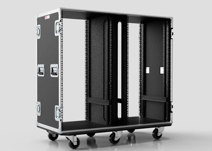 The 22U Double Bay Rack Case is a large, empty black rolling equipment rack with metal edges, multiple handles, and open front and back frames. External dimensions are 761 x 1197 x 1080 mm. It is shown on a plain background.