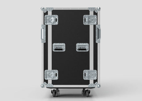 The 22U Double Bay Rack Case is a black and silver hard case with metal-reinforced corners and latches, shown upright on four wheels. Its external dimensions are 761 x 1197 x 1080 mm.