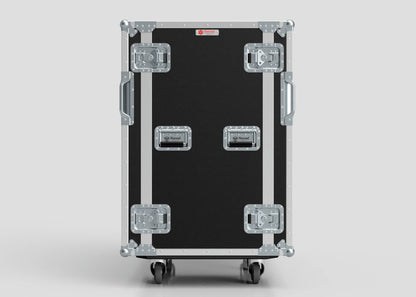 The 22U Double Bay Rack Case, a black and silver hard case on wheels with metal corner protectors and multiple latches, stands upright against a plain background. Its external dimensions are 761 x 1197 x 1080 mm.