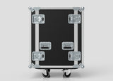 A 22U Foam Shock Mounted 19" Rack Case, black and rectangular, built from European Birch plywood with metal edges, heavy-duty latches and handles, stands on caster wheels against a plain light gray background.