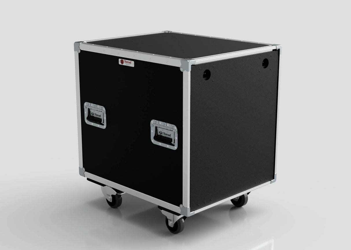 A 22U Shock Mount Slam Rack Case in black with a rectangular shape, metal edges, recessed side handles, and four caster wheels on the bottom, shown against a plain light background.