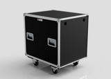A 22U Shock Mount Slam Rack Case in black with a rectangular shape, metal edges, recessed side handles, and four caster wheels on the bottom, shown against a plain light background.