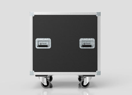 The 22U Shock Mount Slam Rack Case, featuring black and silver metal edges and two handles, rests on four caster wheels against a plain background.
