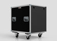 A 22U Shock Mount Slam Rack Case in black with metal edges, corner reinforcements, two recessed handles, and four caster wheels on a plain light background.