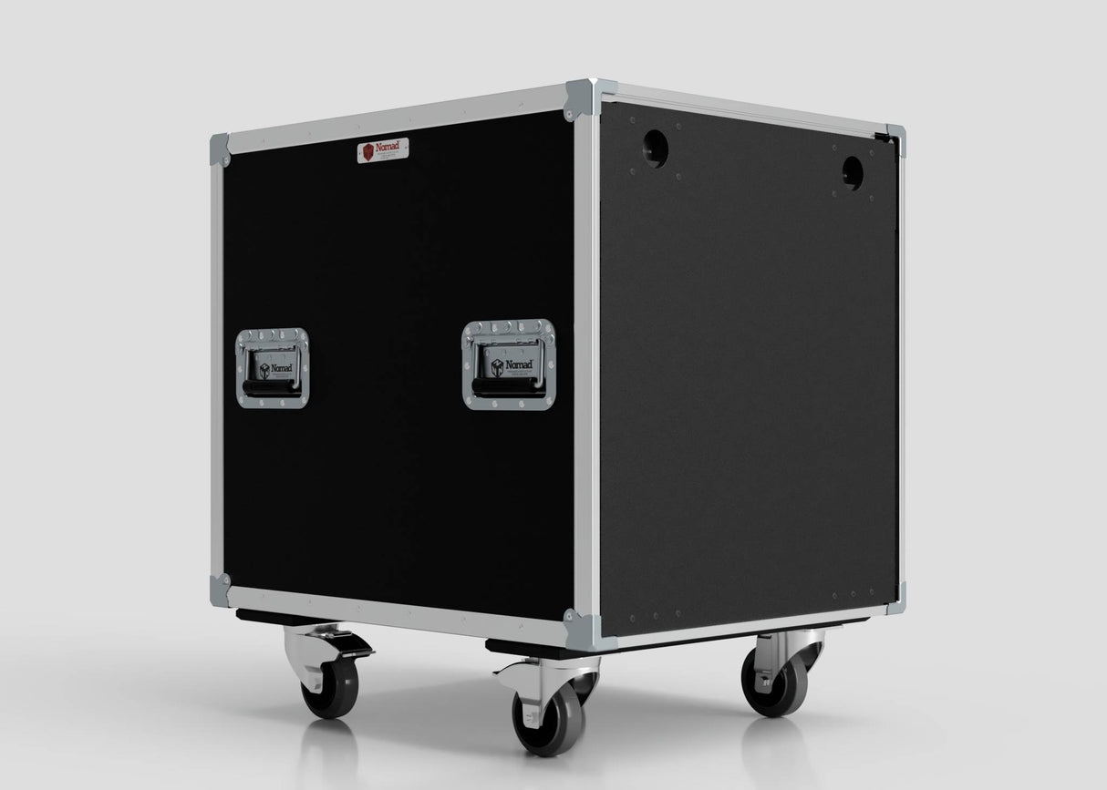 A 22U Shock Mount Slam Rack Case in black with metal edges, corner reinforcements, two recessed handles, and four caster wheels on a plain light background.