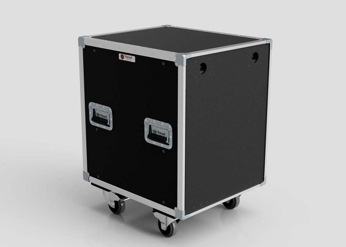 The 22U Slam Rack Case is a black, rectangular equipment case with metal edges, two side handles, and four wheels, displayed against a plain light background.