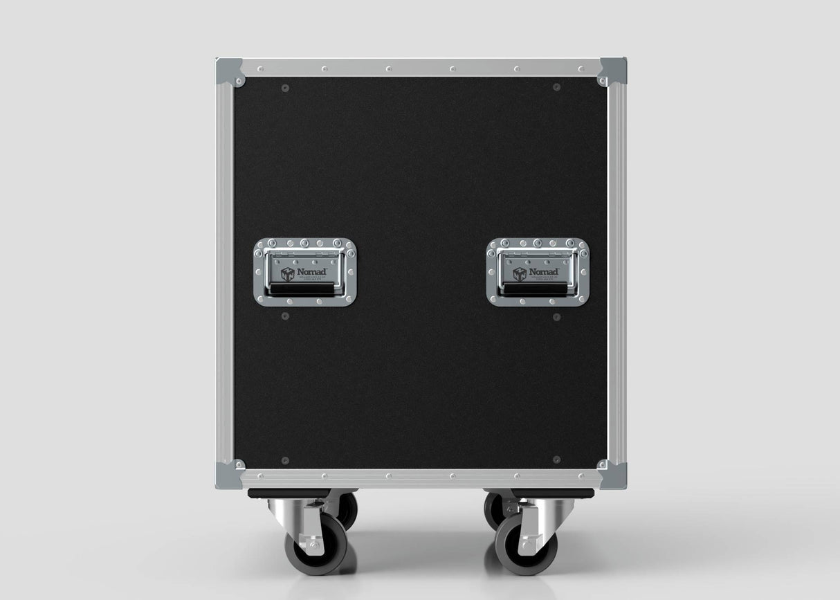 The 22U Slam Rack Case is a black rolling equipment case with metal edges, two silver handles, and four caster wheels, pictured against a plain light gray background.