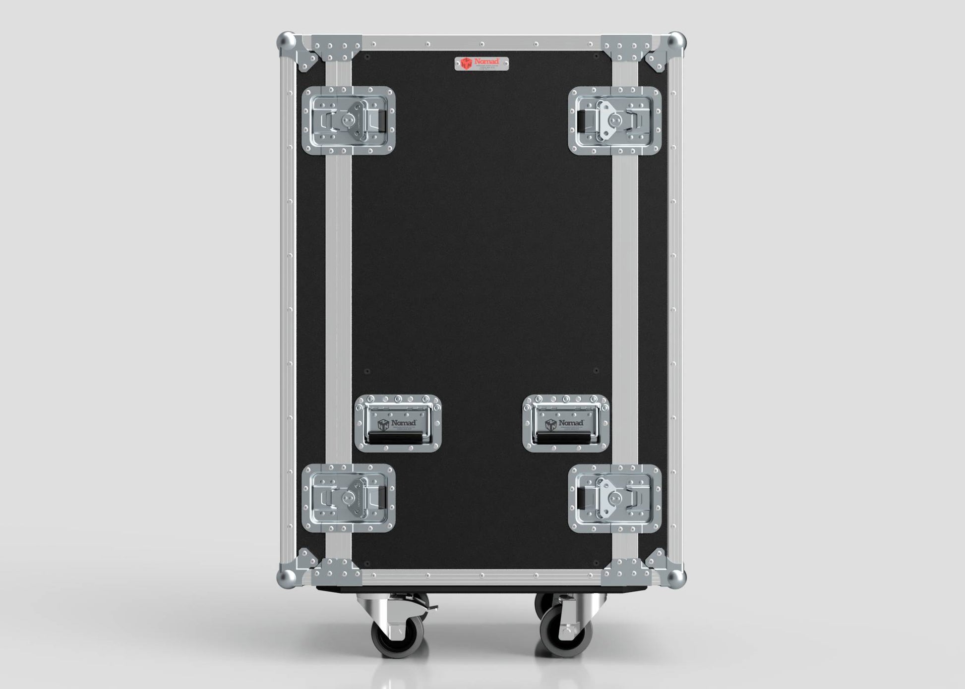 The 22U Standard Rack Case, in black and silver with reinforced metal corners, handles, latches, and two wheels, stands upright—ideal for safely transporting your equipment rack.
