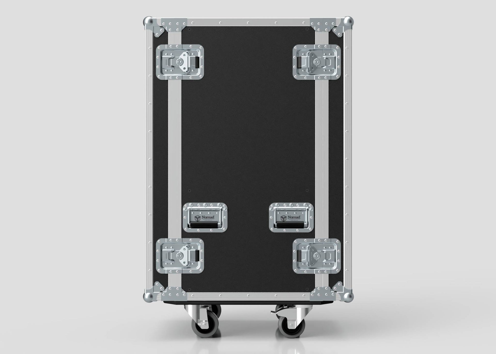 The 22U Standard Rack Case, a black equipment rack with silver metal reinforcements, latches, handles, and wheels, stands upright against a plain light background.