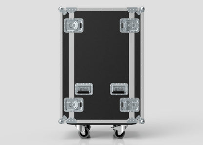 The 22U Standard Rack Case, a black equipment rack with silver metal reinforcements, latches, handles, and wheels, stands upright against a plain light background.