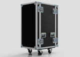 The 22U Standard Rack Case is a large, black, rectangular rack mount case with metal edges, four latches, and four caster wheels, standing upright against a plain background.