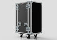 The 22U Standard Rack Case, featuring a black and silver finish with metal reinforcements, four latches, and caster wheels, stands against a plain light background.